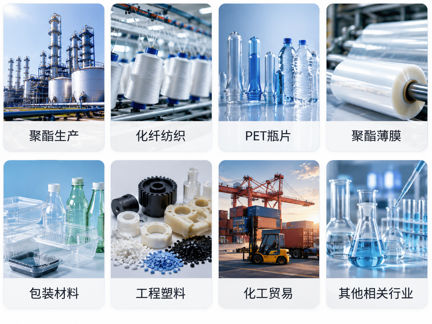 服务应用行业示意：聚酯生产、化纤纺织、PET瓶片、聚酯薄膜、包装材料、工程塑料、化工贸易及其他相关行业